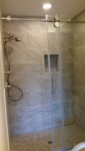 Shower with glass door, porcelain shower tiles
